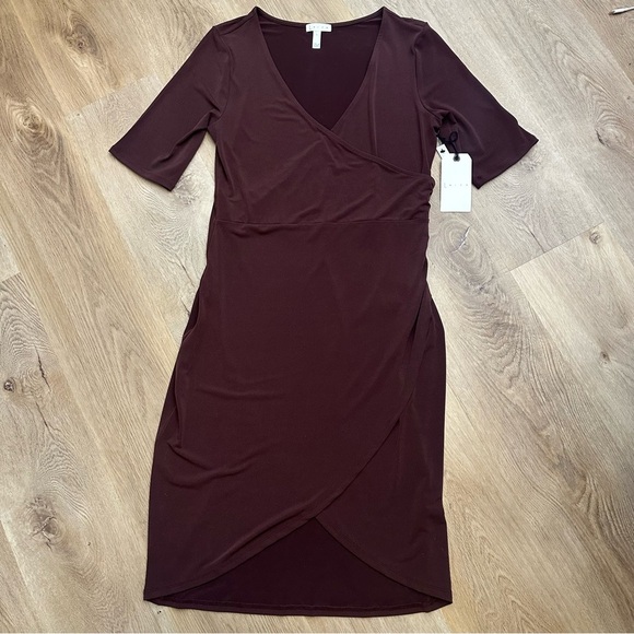 NWT Leith Chocolate Brown Wrap V-neck Sheath Dress 3/4 Sleeve - Picture 2 of 8